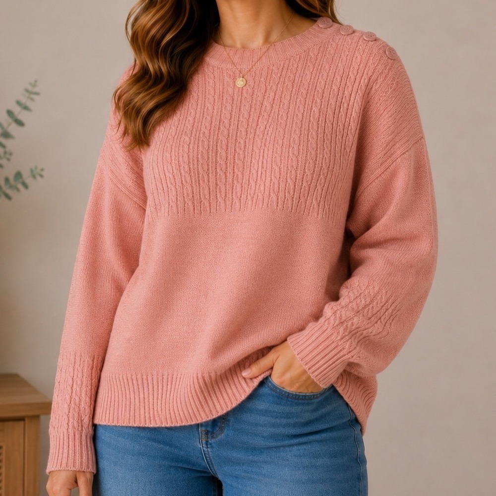 Vintage Evan Picone Large 100% Lambswool Cable Knit Mock Neck Pink Sweater